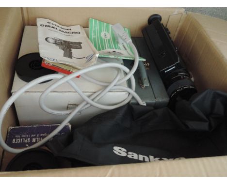 A box of film equipment including Sankyo dualux 2000H projector, splicers, Chinon 612 XL Macro video camera etc