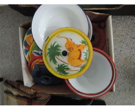 A box of various enamel kitchen ware