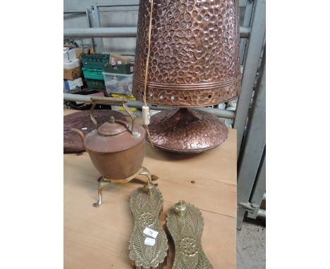 A selection of copper and brass including copper table lamp