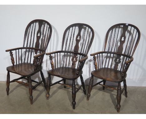 Three 19th century stick back ash and elm open armchairs with later restorations - Height 110cm