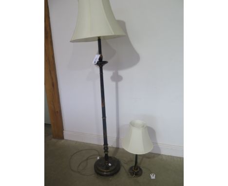A 1930's chinoiserie decorated standard lamp together with matching table lamp with good quality matching shades