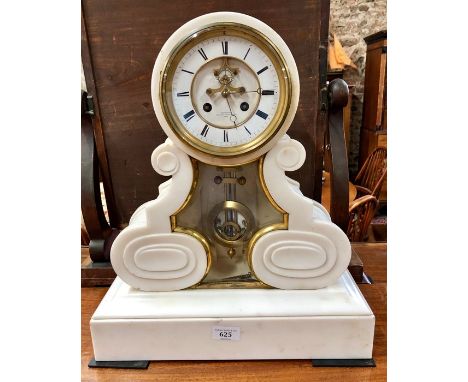 Graverand, Paris, a French brass mounted white marble clock, the 8-day two train drum movement with visible escapement to the