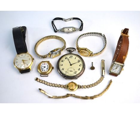 A Swiss silver open-faced pocket watch with top-wind movement and cream enamel dial, London Import 1926, to/w various gilt an