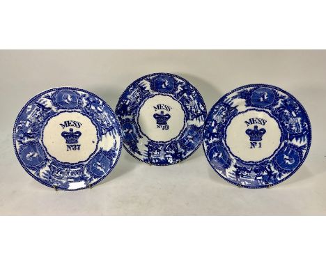 Three Edwardian blue transfer printed 'Mess' plates, nos. 1, 10 and 37, printed 'BP Co LD' strap mark to base, 24 cm diam. (3