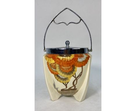 Clarice Cliff Bizarre Art Deco 'Rhodanthe' pattern biscuit barrel, shape 478, c. 1934, 14 cm high (excluding finial and handl
