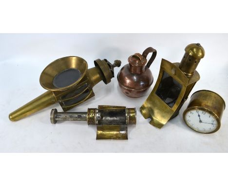 A French drum clock movement with 8 cm enamel dial, to/w three copper lanterns and a Jersey cream jug (box)