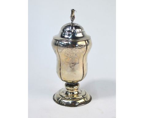 A (probably) 18th century Continental white metal pounce-pot of gourd form with floral finial and domed stemmed foot (marks u