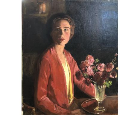 George Harcourt (1869-1947) - Portrait of a lady in a red dress seated at a table with vase of flowers, oil on canvas, signed