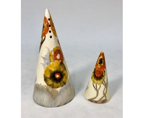 Clarice Cliff Art Deco 'Rhodanthe' pattern conical caster, 14 cm high and a similar conical salt, un-named, c/w wood and cork
