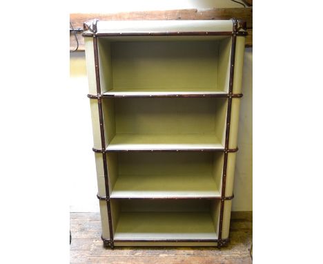 Richards Trunks, a bespoke luggage trunk style open bookcase, leather and sage green canvas with four shelves 186 cm h x 115 