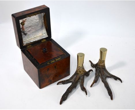 A 19th century yew veneered cube tea caddy with inner cover and ebonised corner beading, 12 cm, to/w a Victorian pair of taxi