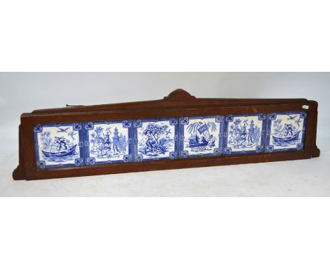 Six Victorian blue transfer printed tiles decorated with with a figure in a Chinoiserie landscape - Fishing, riding on horseb