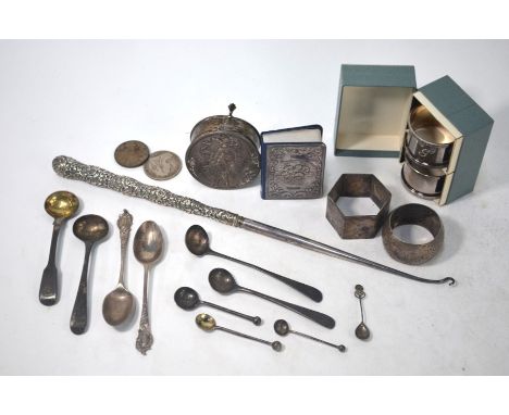 Various oddments of silver, including unmarked white metal punch ladle inset with Queen Anne 1711 shilling, various Georgian 