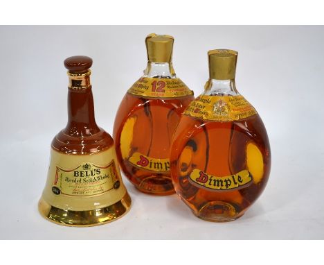 Two Dimple Haig bottles of Whisky, to/w an empty Wade Bells Scotch Whisky bell decanter (3)