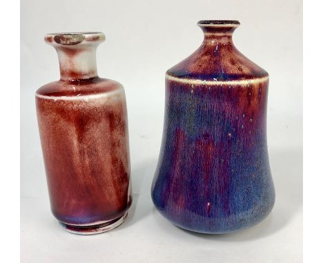 Bernard Moore flambe glazed flask, marked Bernard Moore, incised 11.19, 15 cm high to/w a cylindrical case, unmarked, 14 cm h