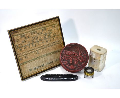 A 19th century mother-of-pearl necessaire-box (lacks contents), 10 cm high, to/w a Chinese cinnabar lacquer circular box and 