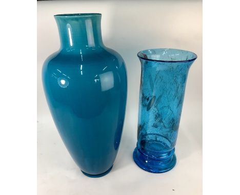 A large Burmantofts Faience ovoid turquoise vase, impressed factory mark and no. 1315 to base, 51 cm high to/w a tall cylindr