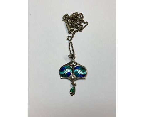 An Arts &amp; Crafts silver pendant with enamelled decoration and hanging drop, Birmingham 1908 maker James Fenton &amp; Co, 