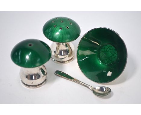 A Danish design silver and basse-taille green enamel 'mushroom' salt and pepper pair, 4 cm high, to/w a matched open mustard 
