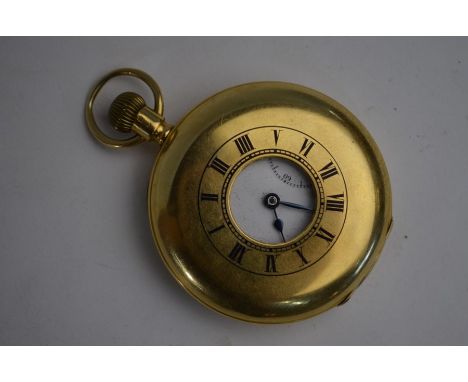 An 18ct gold Omega half-hunter pocket watch with top-wind movement, 40 mm diameter enamel dial with subsidiary secondsWorking