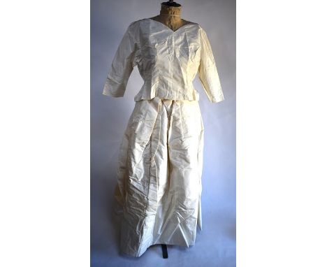 A vintage bespoke ivory silk taffeta wedding top and padded skirt with two petticoats, to/w two Victorian Christening gowns i