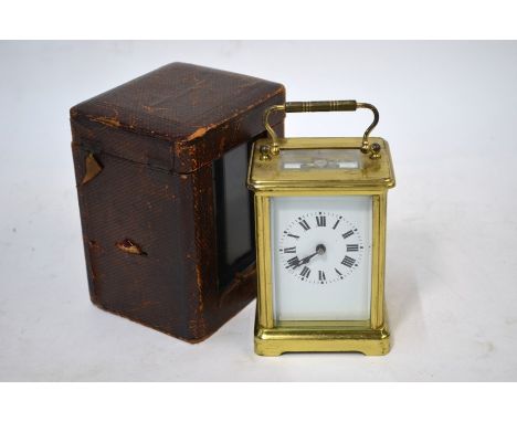 A French lacquered brass cased carriage clock, single train 8-day movement, with leather travel case&nbsp;