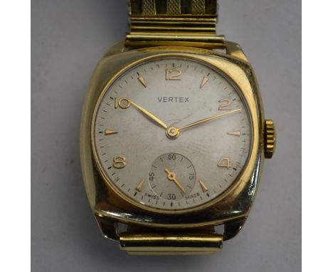 A gentleman's Vertex Revue 9ct gold vintage wristwatch with Swiss movement, silvered dial with subsidiary seconds, Birmingham