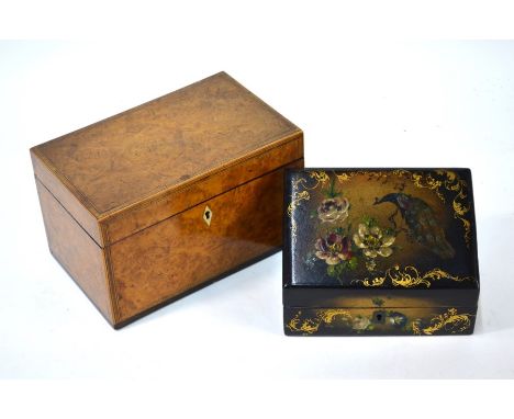 An early 19th century Amboyna tea caddy (remodelled interior), 20 cm wide, to/w a painted lacquered papier mache small statio