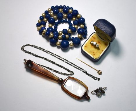 A mixed collection of items including a 9ct yellow gold three stone ring, blue bead and simulated pearl graduated necklace, s