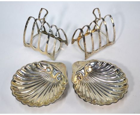 A pair of late Victorian silver shell nut-dishes on ball feet, Harrison Bros. &amp; Howson, Sheffield 1896, to/w a pair of fo