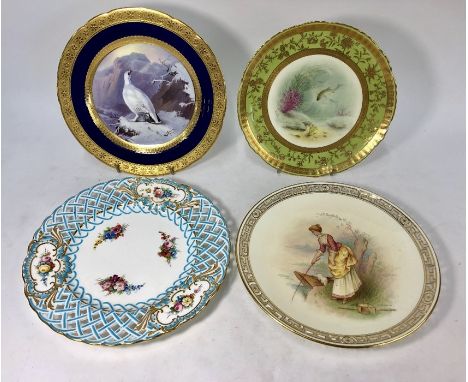 Four Minton cabinet plates:  A blue and gilt plate painted to the centre with a ptarmigan in a snowy landscape by T. E. Dean,