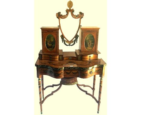 A fine quality 19th century Sheraton Revival satinwood combination dressing/writing table, extensively polychrome decorated w