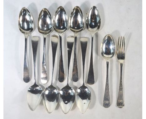 A set of four George III Scottish silver dessert spoons, William Davie, Edinburgh 1790, to/w five various George III OEP dess