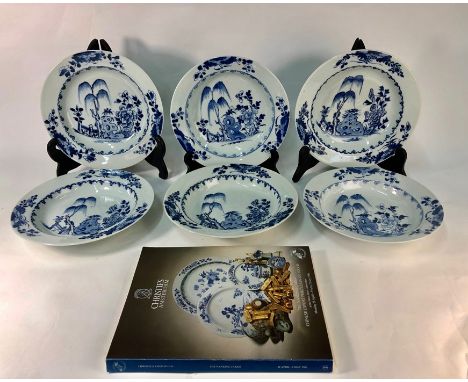 Six Chinese blue and white porcelain Nanking Cargo soup plates decorated with a willow tree, rockwork, fence and peony, three