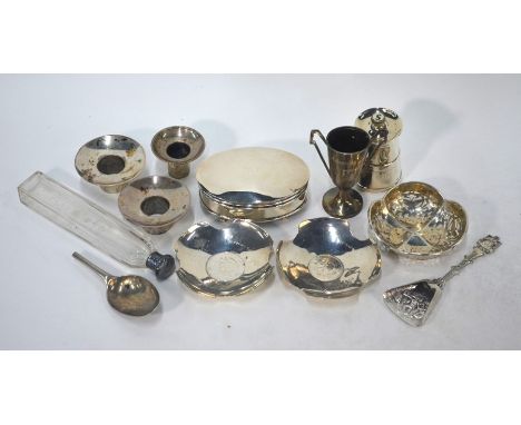 Various oddments of silver and low-grade white metal 'churn' pepper mill, oval ring box, small trophy cup, a Victorian silver