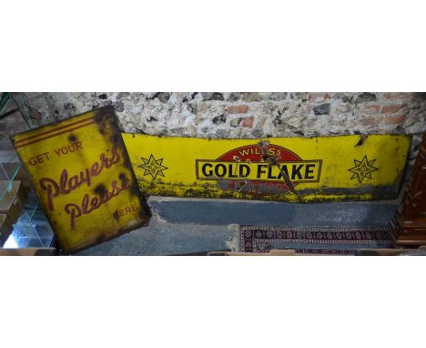 A vintage enamel advertising sign for Player's cigarettes, to/w another for Wills's Gold Flake, 46 x 184 cm (2 - both a/f)