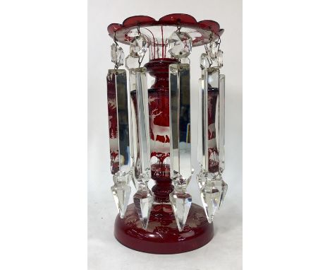 A 19th century Bohemian ruby flash cut glass table lustre, the central column decorated with a stag in a woodland setting, th