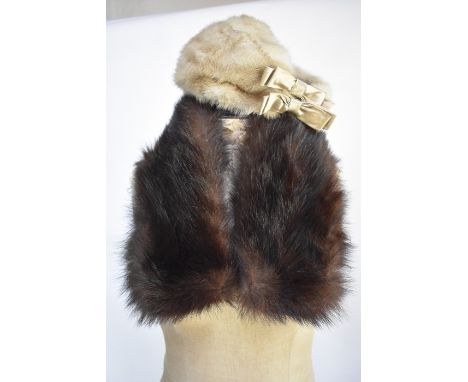 A vintage Maxwell-Croft, London/Bath ermine evening stole with tail embellishments to ends, a fur collar and a 1950s mink hat