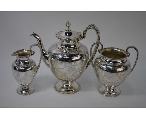 A Victorian silver urn-shaped tea service with engraved frieze of Classical Victory Procession within a honeysuckle border, o