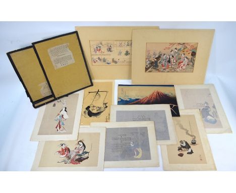 Three Ukiyo-e style Japanese woodblock Hokusai prints; The Tea-Kettle Raccoon, tanuki in the guise of a monk wearing a kesa f
