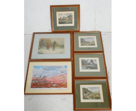 A mixed group of six shooting prints to include a series of four hunting prints signed in pencil, one entitled 'Wild Duck Sho
