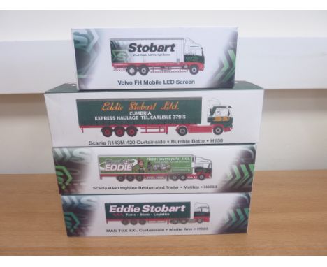 Four Atlas Editions, World Of Stobart 1:76 scale die-cast metal lorries inc. Scania R440 Highline refrigerated trailer, Scani