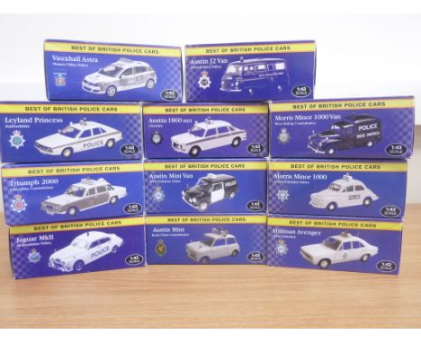 Eleven Atlas Editions 'Best of British Police Cars' inc. Austin; J2 Van, 1800 MK II, Mini van, Mini, Vauxhall Astra, Leyland 