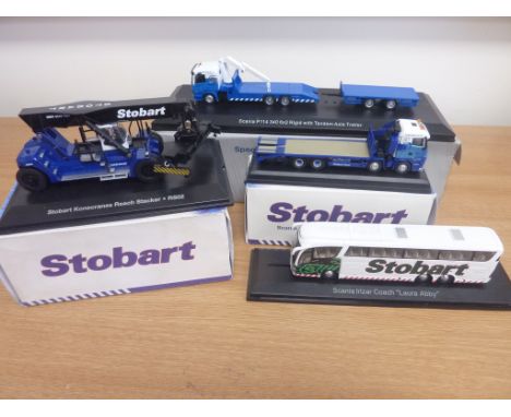 Four Atlas Editions, World Of Stobart 1:76 scale die-cast metal models inc. Scania Irizar Coach, Scania R420, Scania P114 340