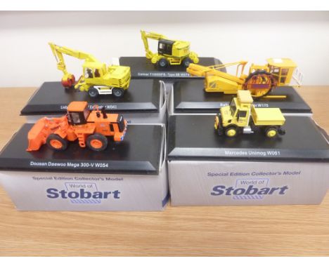 Five Atlas Editions, World Of Stobart 1:76 scale die-cast metal models inc. Mercedes Unimog, Doosan Daewoo Mega 300-V, Liebhe