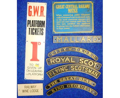 Railwayana. Two alloy wall signs 25cm x 19cm and 11.5cm x 46cm. Also collection of repro miniature engine name plates etc.