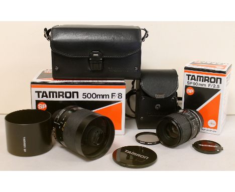 Two Tamron camera lenses; SP90mm f2.5 medium telephoto and 500 mm f8 Tele Macro Catadioptric lens, both cased and boxed with 