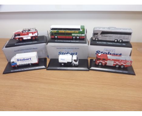 Six Atlas Editions, World Of Stobart 1:76 scale die-cast metal models inc. Scania P380/Oakley Horsebox, Volvo B12T/Van Hool A