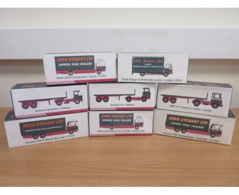 Eight Atlas Editions, World Of Stobart 1:76 scale die-cast metal models inc. Scania 110 flatbed, ERF LV Platform Trailer, Atk