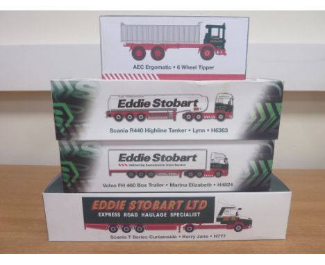 Four Atlas Editions, World Of Stobart 1:76 scale die-cast metal models inc. Scania R440 Highline Tanker, T Series Curtainside